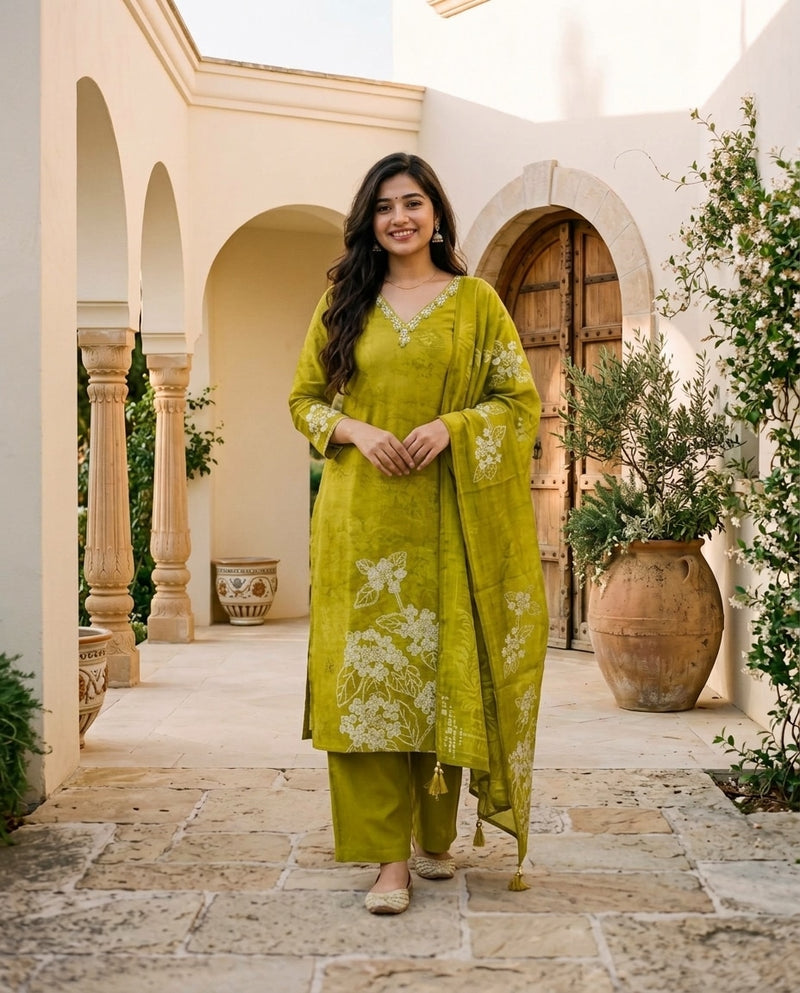 Olive Green Floral Embroidered Kurta Set with Dupatta