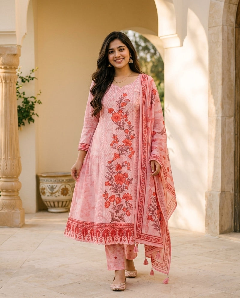 Pink Printed Anarkali Suit Set with Trousers and Dupatta
