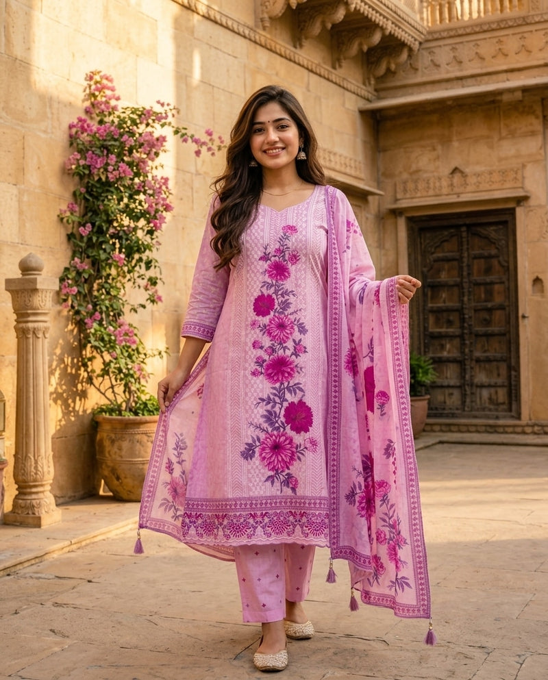 Pink and Magenta Printed Frock Suit with Dupatta