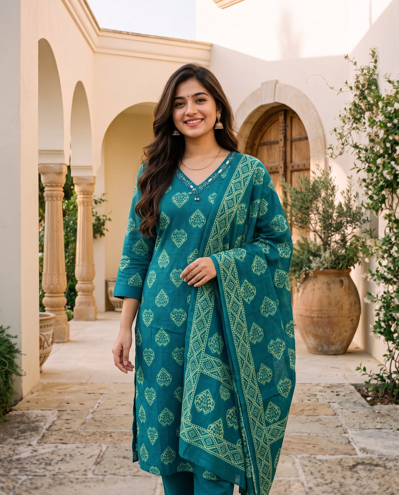 Teal & Light Green Printed Kurta Set with Dupatta