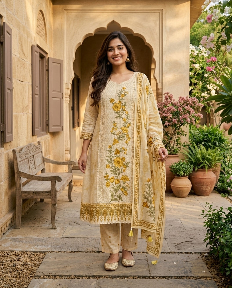 Cream & Mustard Floral Printed Round Neck Kurta Set with Dupatta