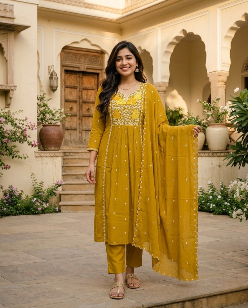 Mustard Yellow Embroidered V-Neck Kurta Set with Dupatta