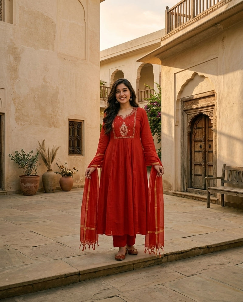 Red and Gold Anarkali Suit Set with Embroidered Yoke