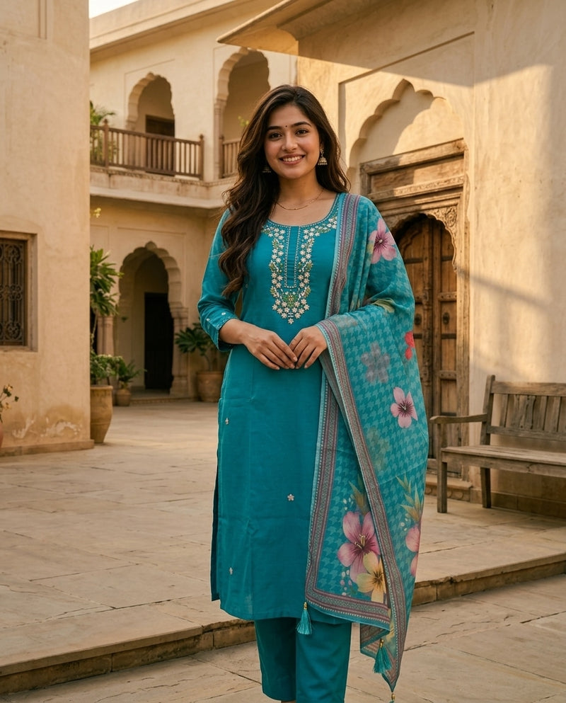 Teal Embroidered Round Neck Kurta Set with Printed Dupatta
