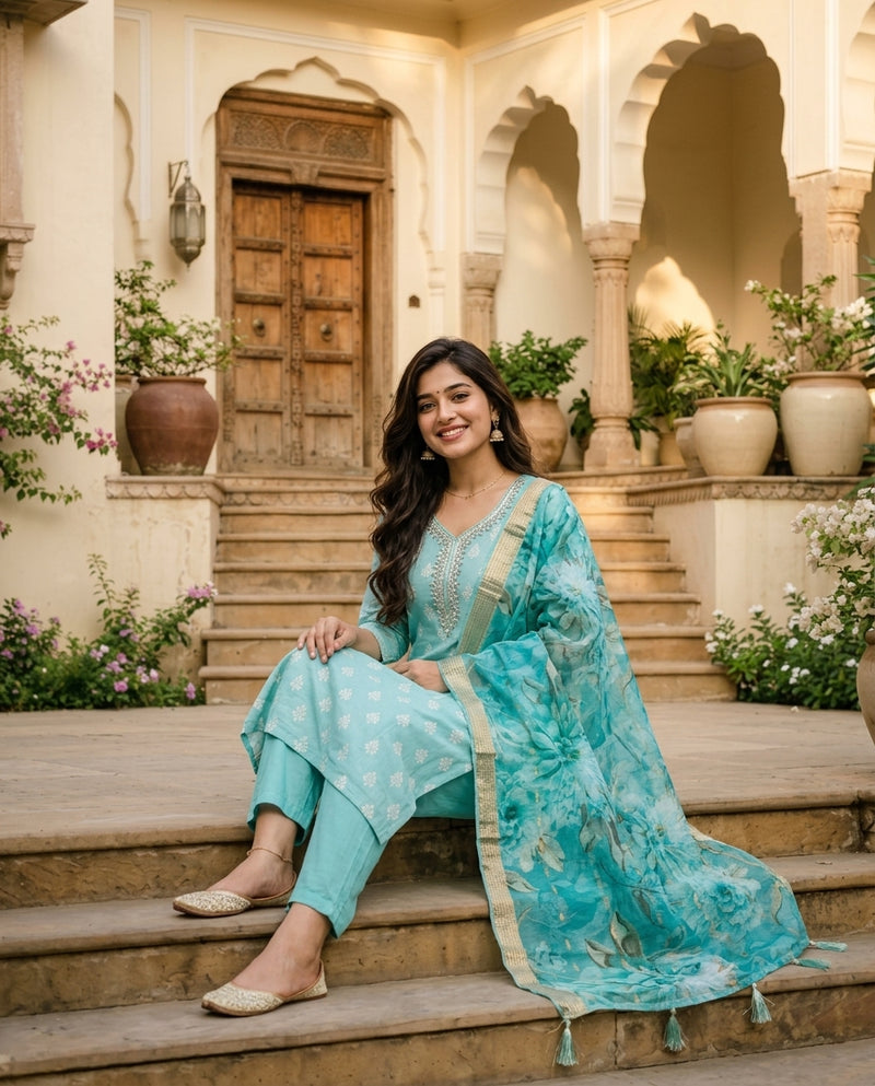 Light Blue Embroidered Kurta Set with Dupatta
