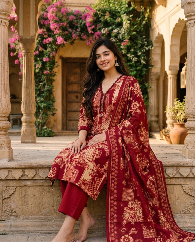 Maroon Printed V-Neck Kurta Set with Trousers and Dupatta