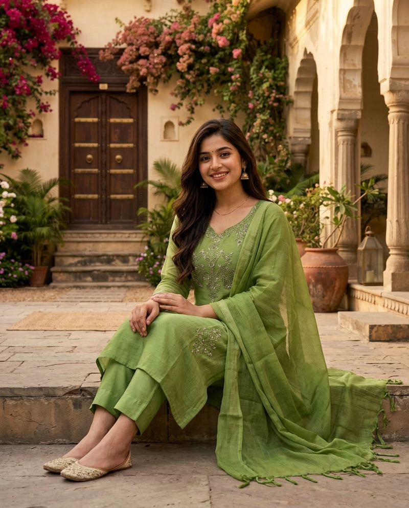 Green Embroidered Kurta Set with Trousers and Dupatta
