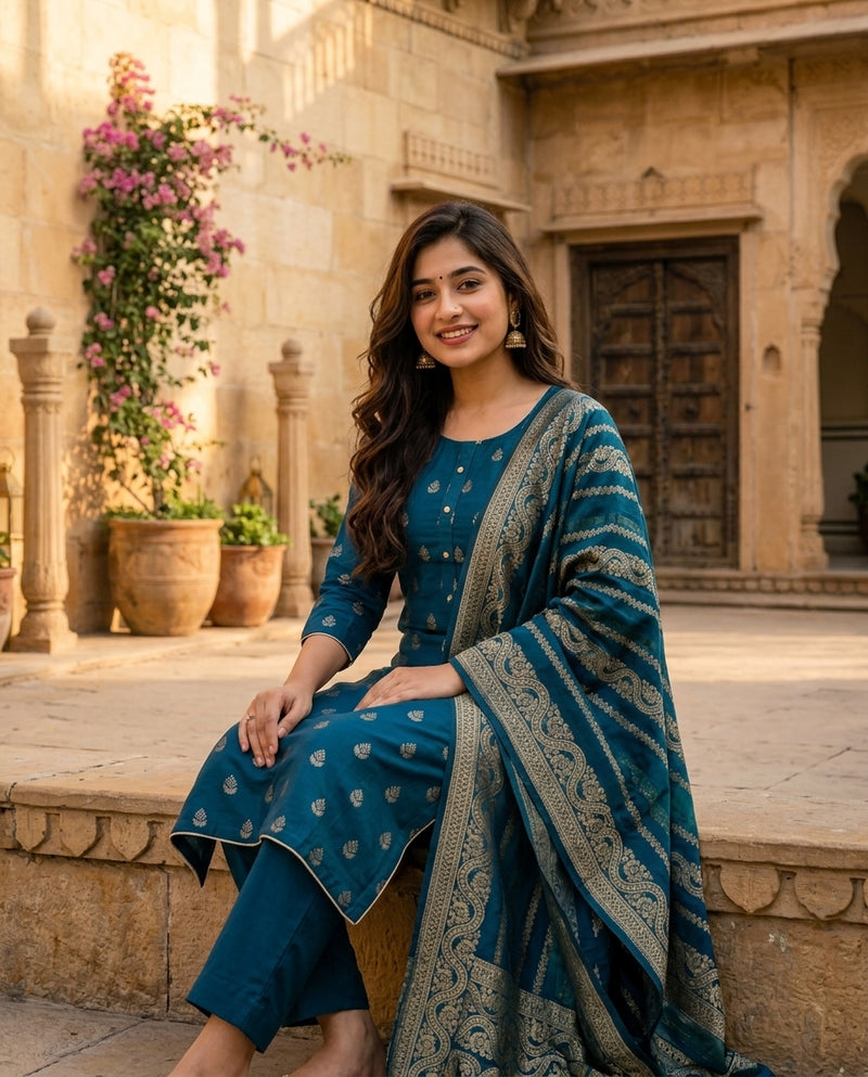 Teal Blue Woven Booti Kurta Set with Jacquard Dupatta