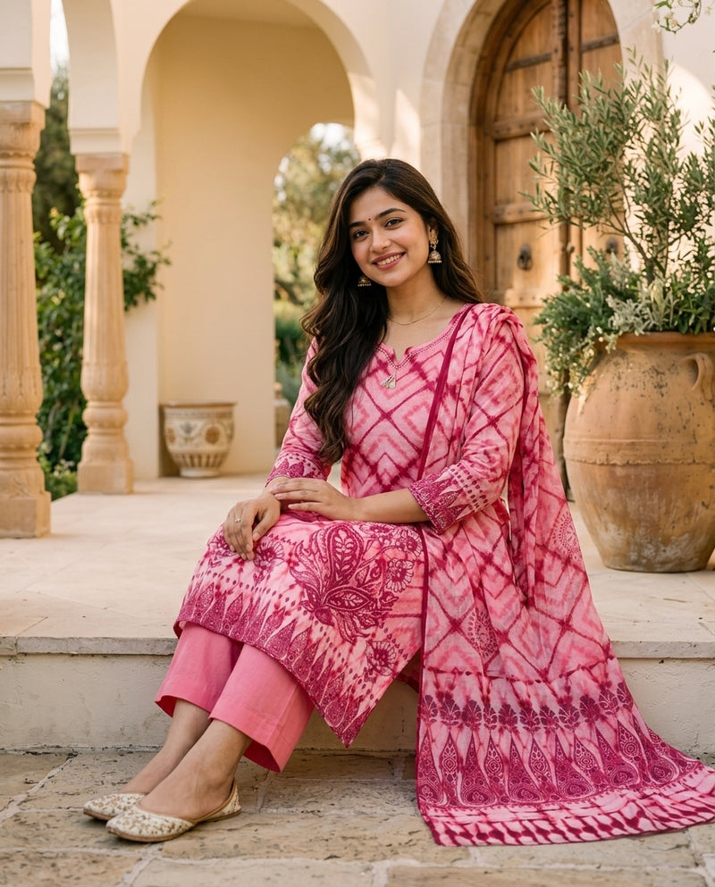 Pink Tie-Dye Printed Suit Set with Beaded Neckline
