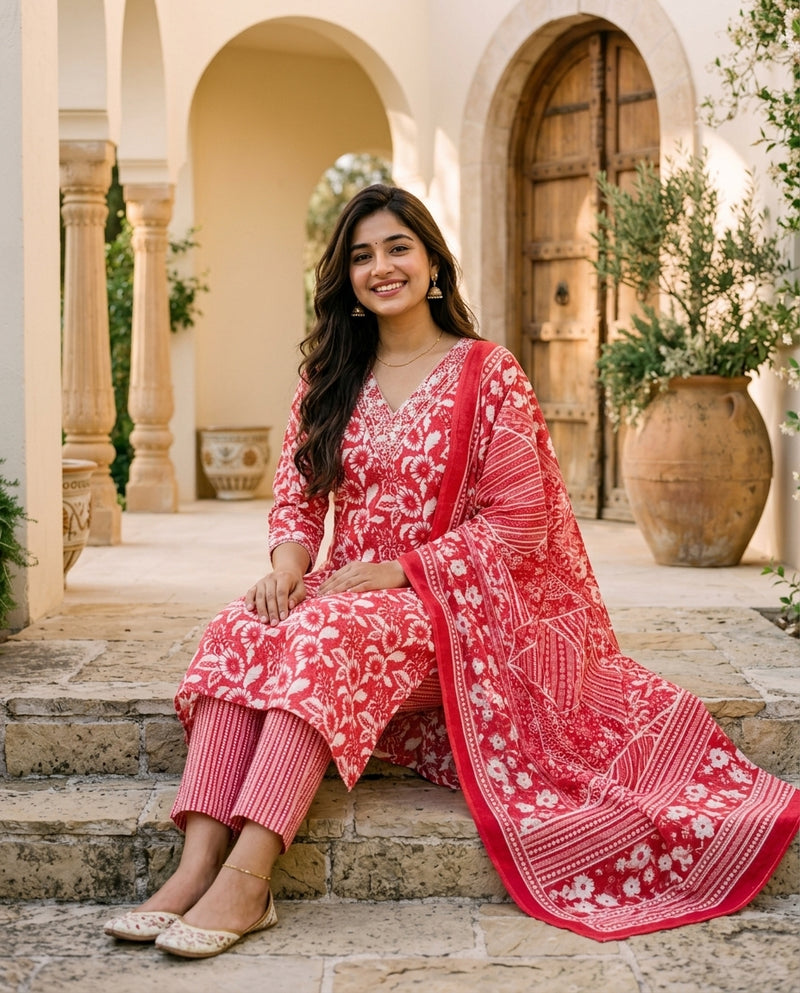 Red and White Floral Printed Suit Set with Dupatta