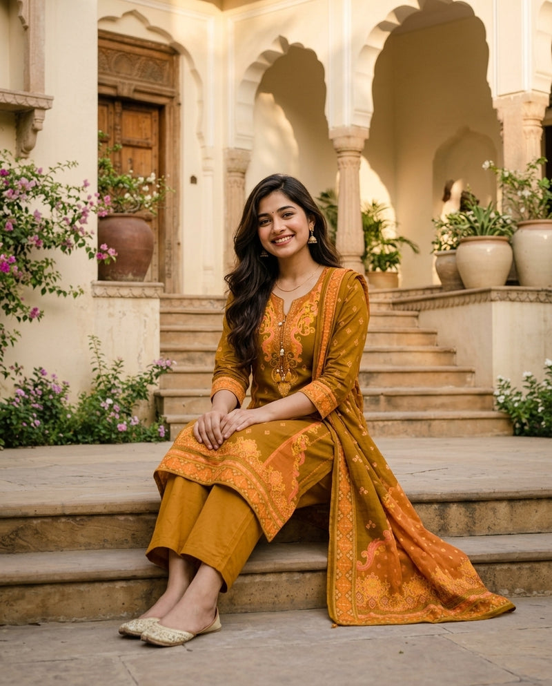Mustard Yellow Printed Kurta Set with Dupatta