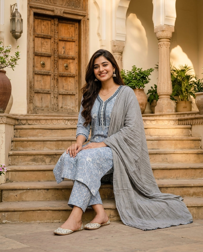 Blue Floral Printed Cotton Suit Set with Mirror Work