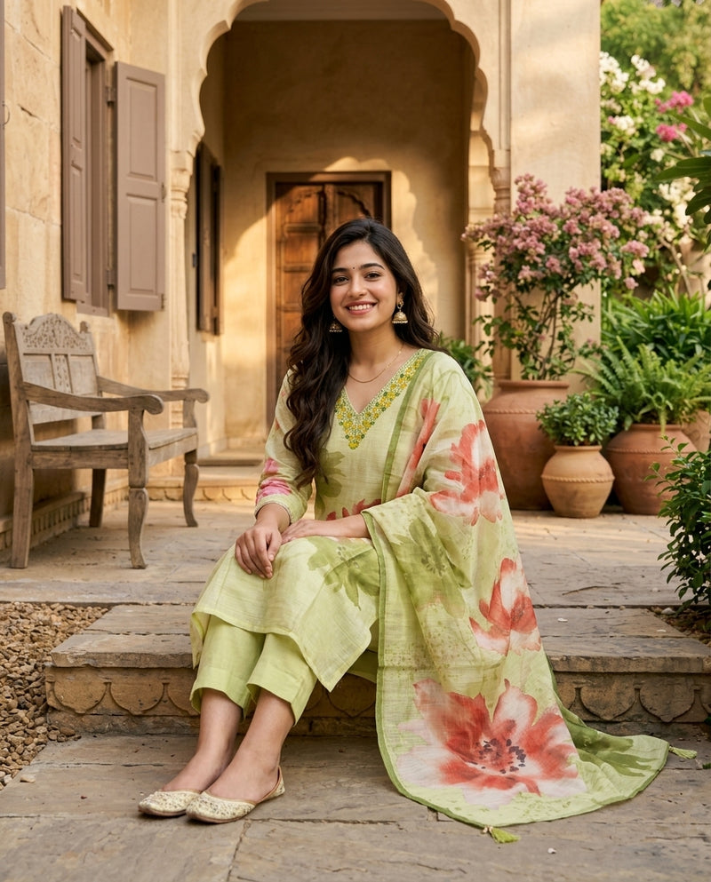 Light Green Floral Printed Suit Set with Embroidered V-Neck