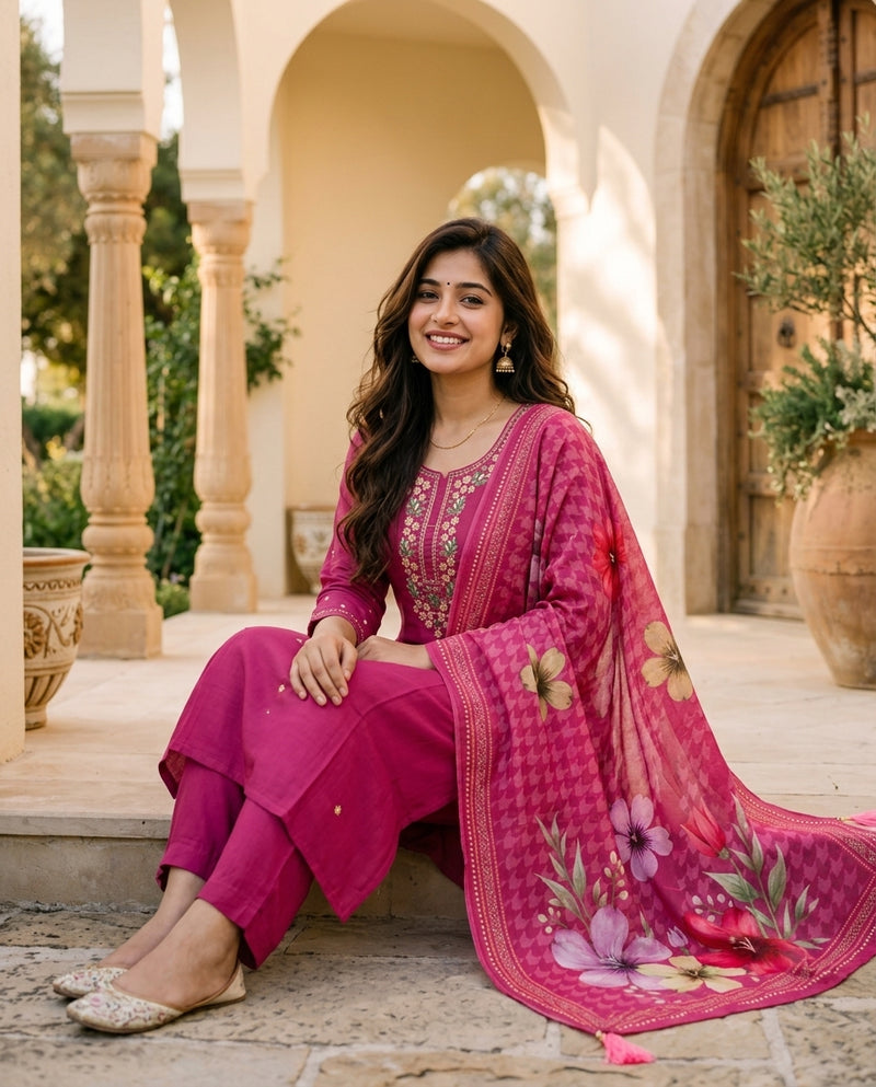 Magenta Embroidered Kurta with Trousers and Printed Dupatta Set