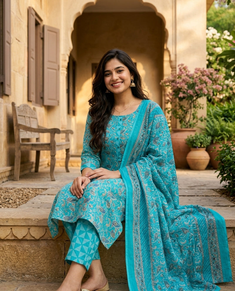 Turquoise Printed Kurta Set with Dupatta
