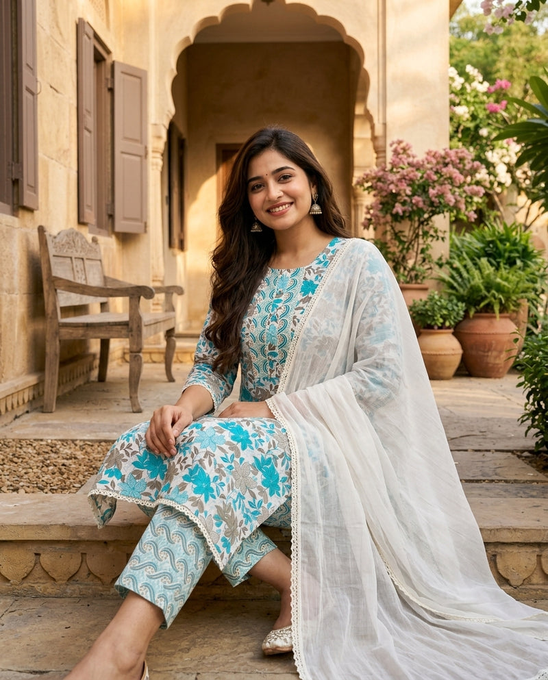 Teal Blue Floral Print Kurta Set with Trousers and Dupatta