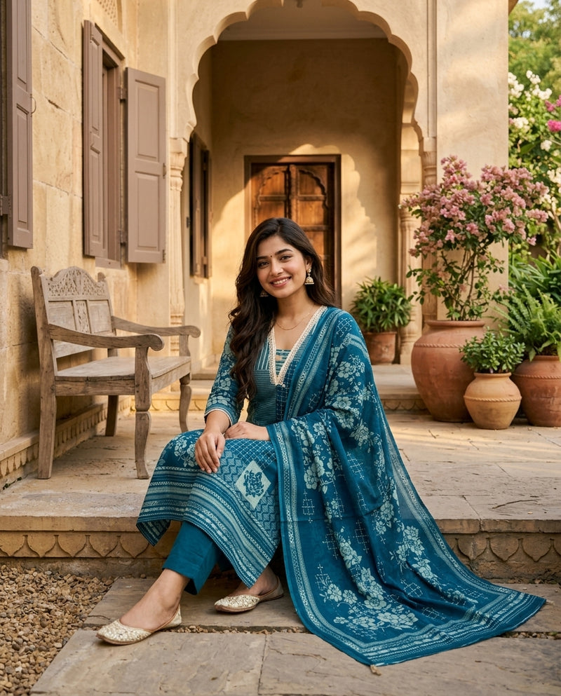 Teal Blue Printed A-Line Kurta Set with Dupatta