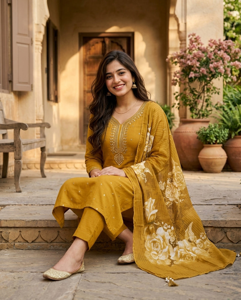 Mustard Yellow Embroidered Kurta Set with Dupatta