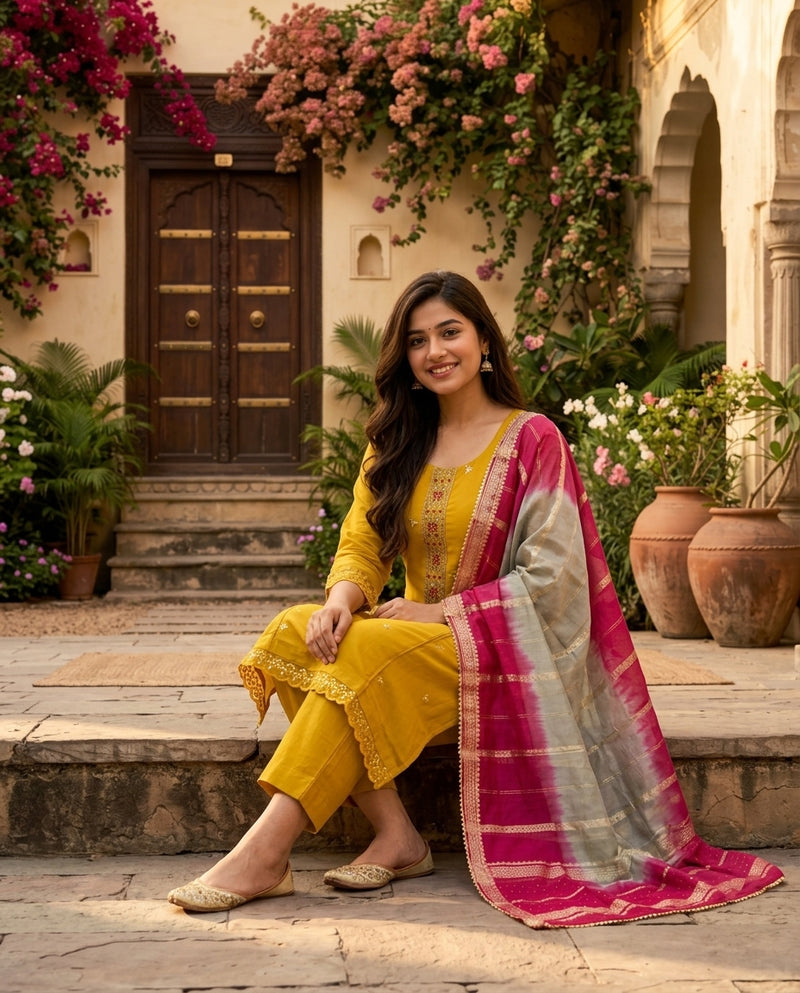 Mustard Yellow Embroidered Kurta Set with Shaded Zari Dupatta