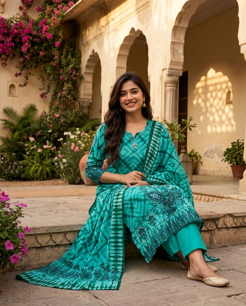Turquoise Tie-Dye Printed Kurta Set with Dupatta