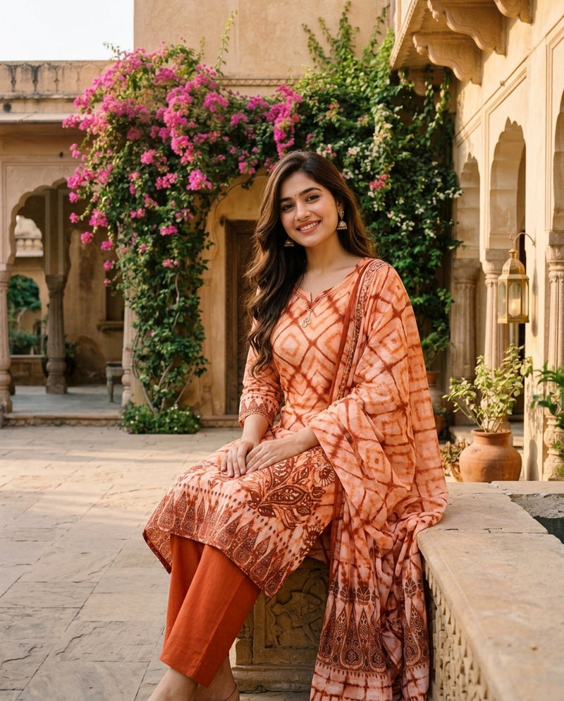 Peach Tie-Dye Printed Kurta Set with Dupatta and Trousers