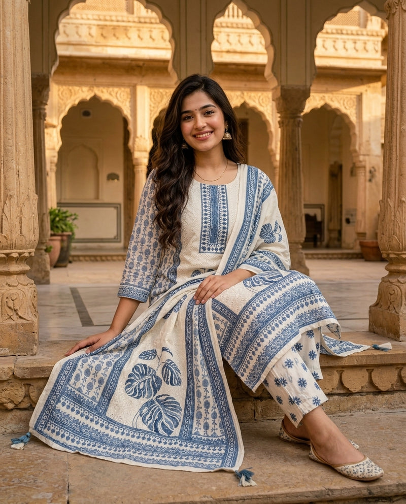 Off-White & Blue Printed Cotton Kurta Suit Set with Dupatta