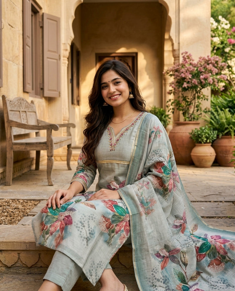 Grey Floral Printed Suit Set with Embroidered Neckline