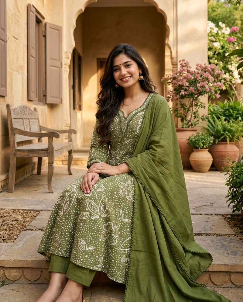 Olive Green Bandhani Print Anarkali Suit Set