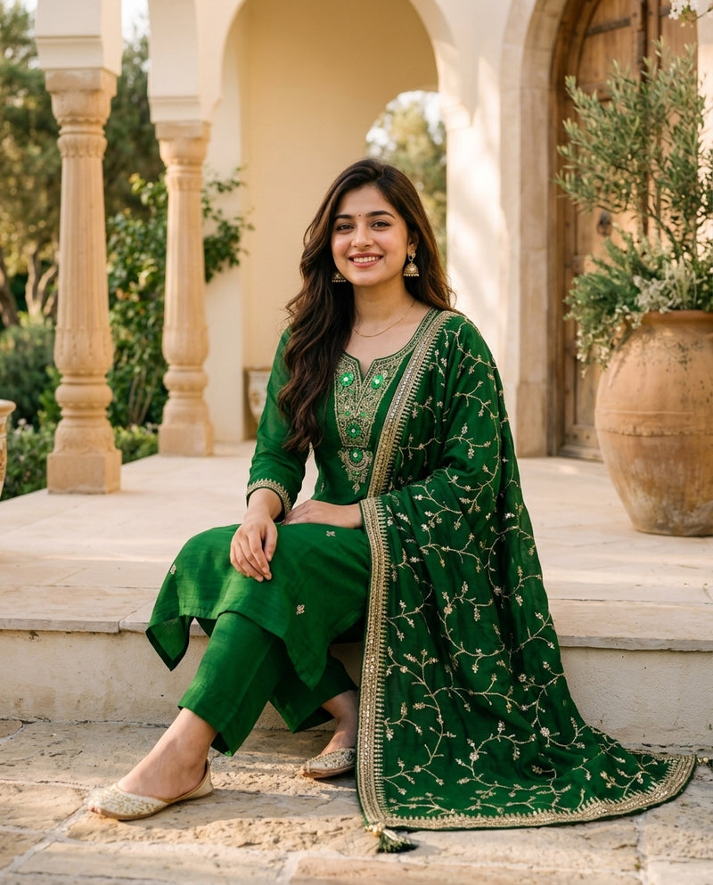 Emerald Green Embroidered Suit Set with Dupatta