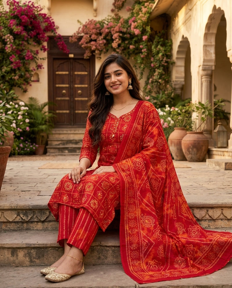Red Bandhani Print Kurta Set with Trousers and Dupatta