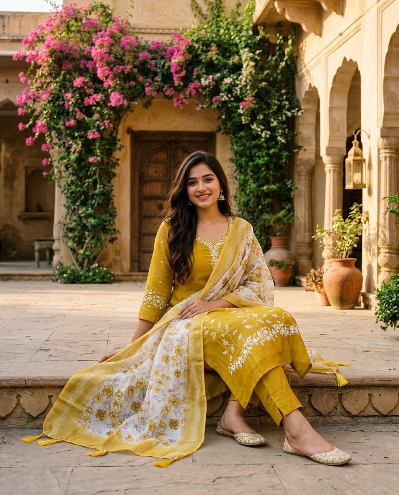 Mustard Yellow Embroidered Kurta Set with Printed Dupatta