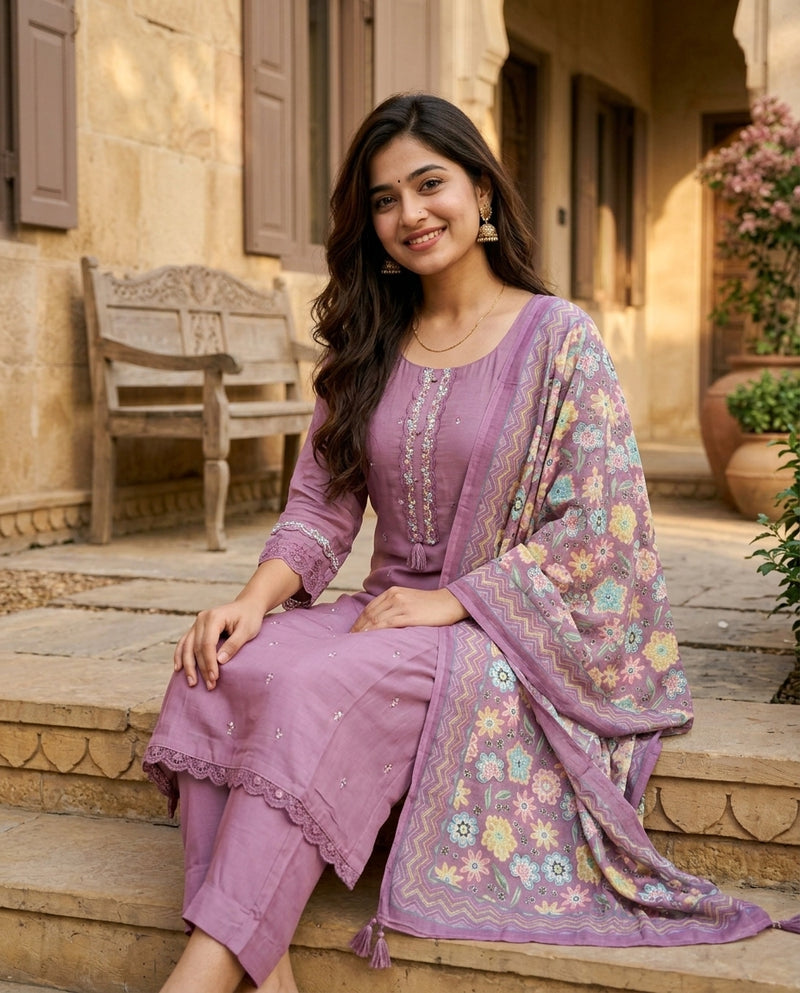 Mauve Embroidered Kurta Set with Printed Dupatta