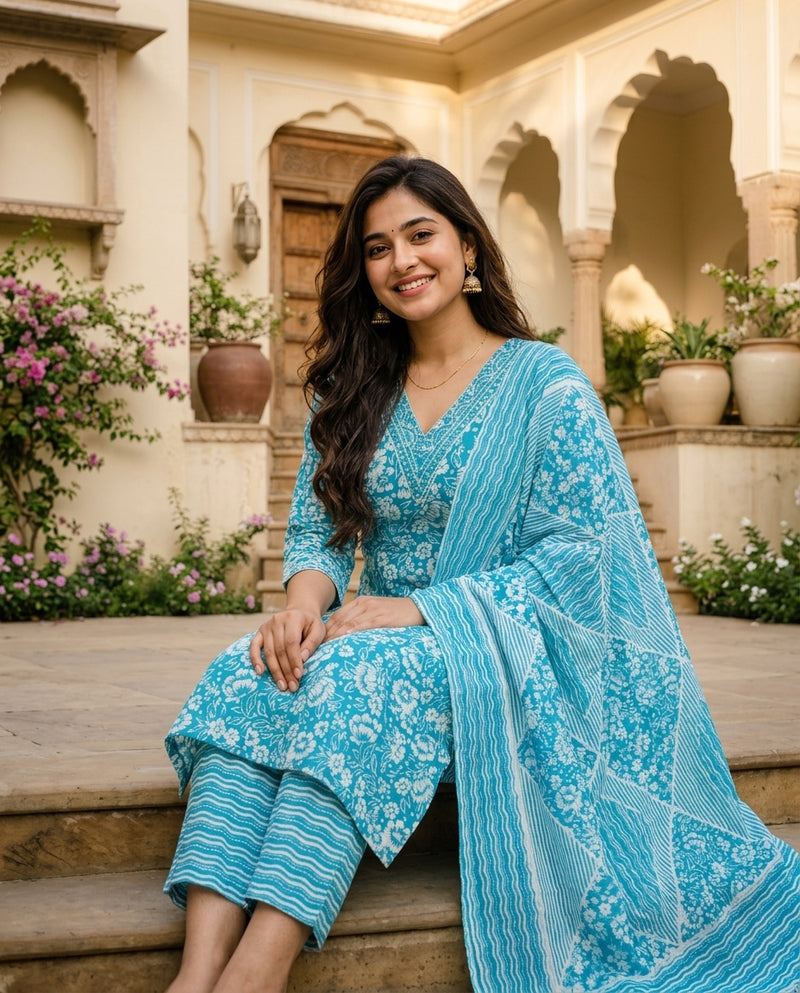 Turquoise Floral Print V-Neck Kurta Set with Dupatta