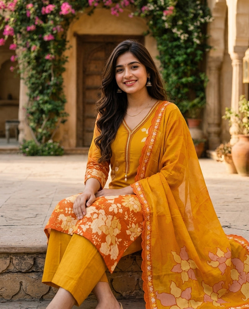Mustard Yellow & Orange Ombre Printed Kurta Set