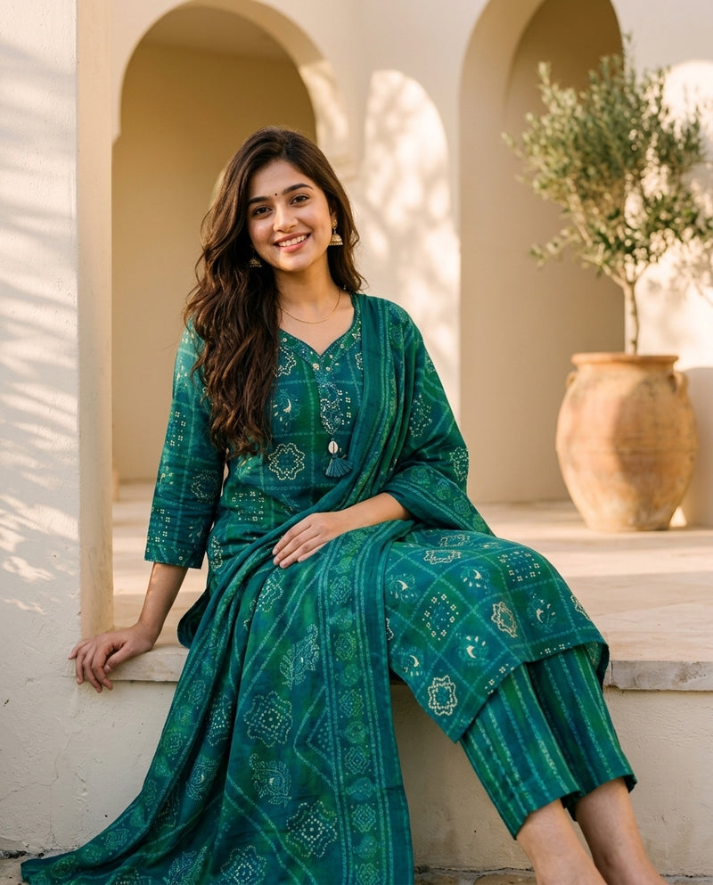 Teal and Green Bandhani Print Suit Set with Dupatta