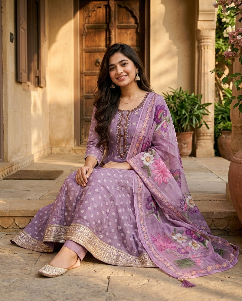 Mauve Kalidar Frock Suit Set with Embellished Neckline