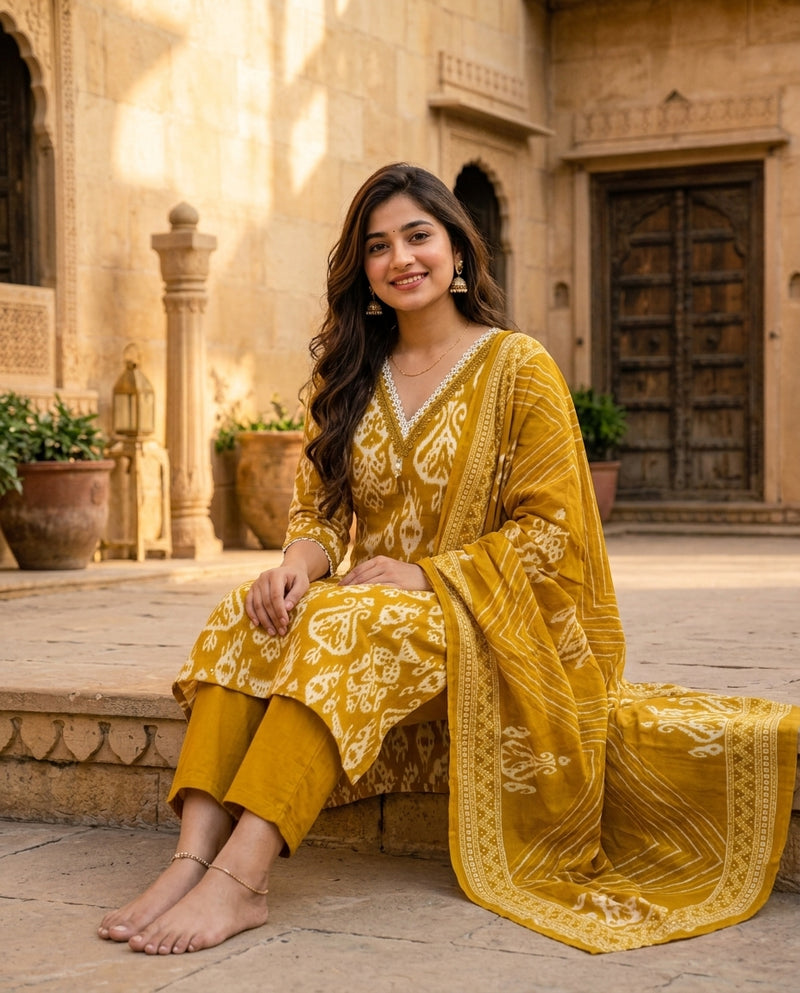Mustard Ikat Printed V-Neck Kurta Set with Dupatta