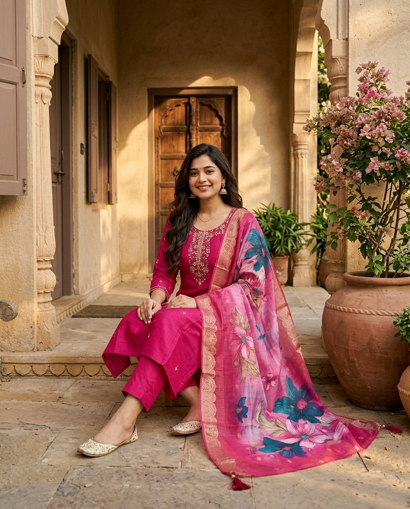 Magenta Embroidered Kurta Set with Floral Printed Dupatta