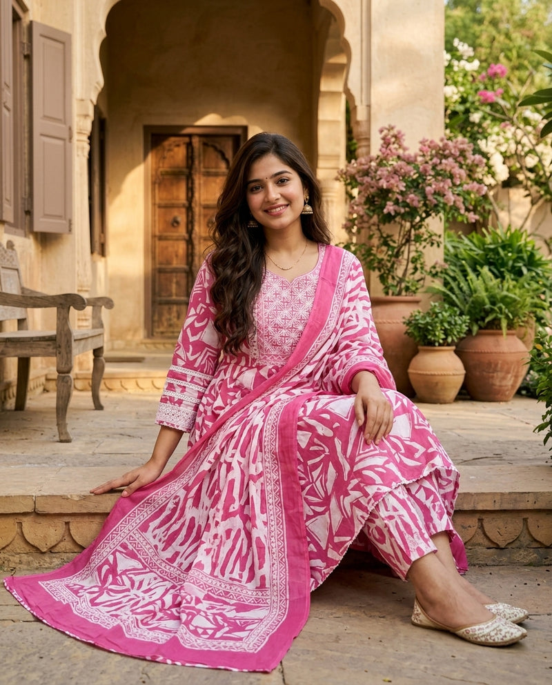 Pink Geometric Print Frock Suit Set with Embroidered Yoke