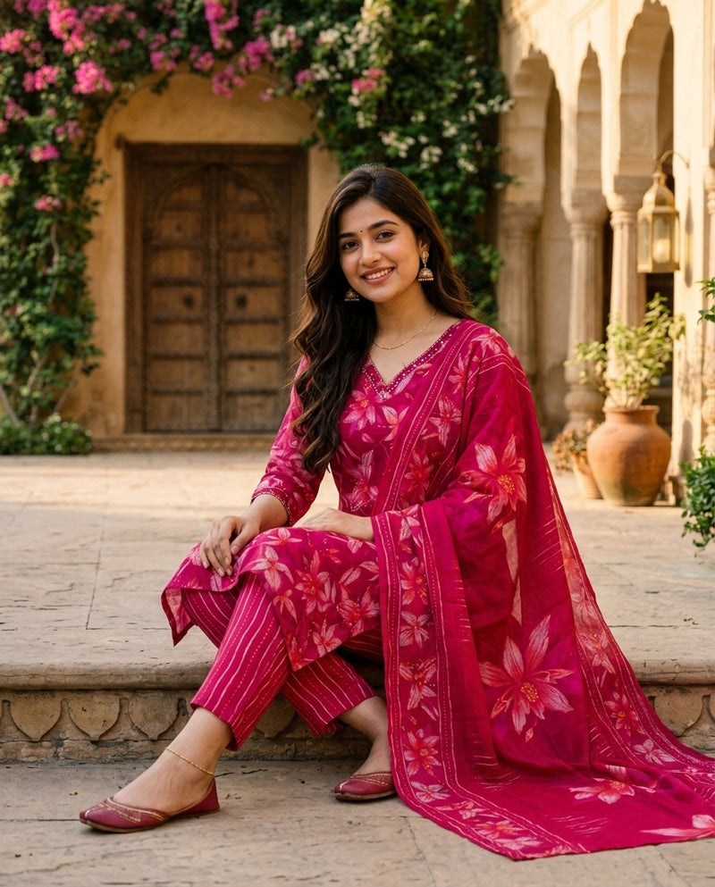 Pink Floral Printed Suit Set with Dupatta
