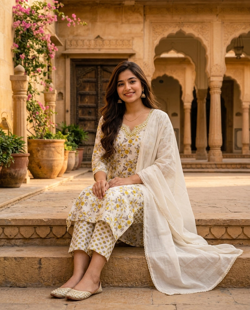 Off-White Floral Printed Kurta Set with Lace Dupatta