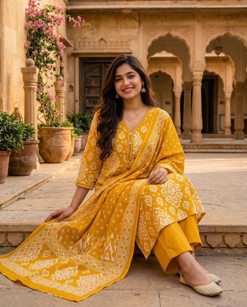 Mustard Yellow Ikat Print Suit Set with Dupatta