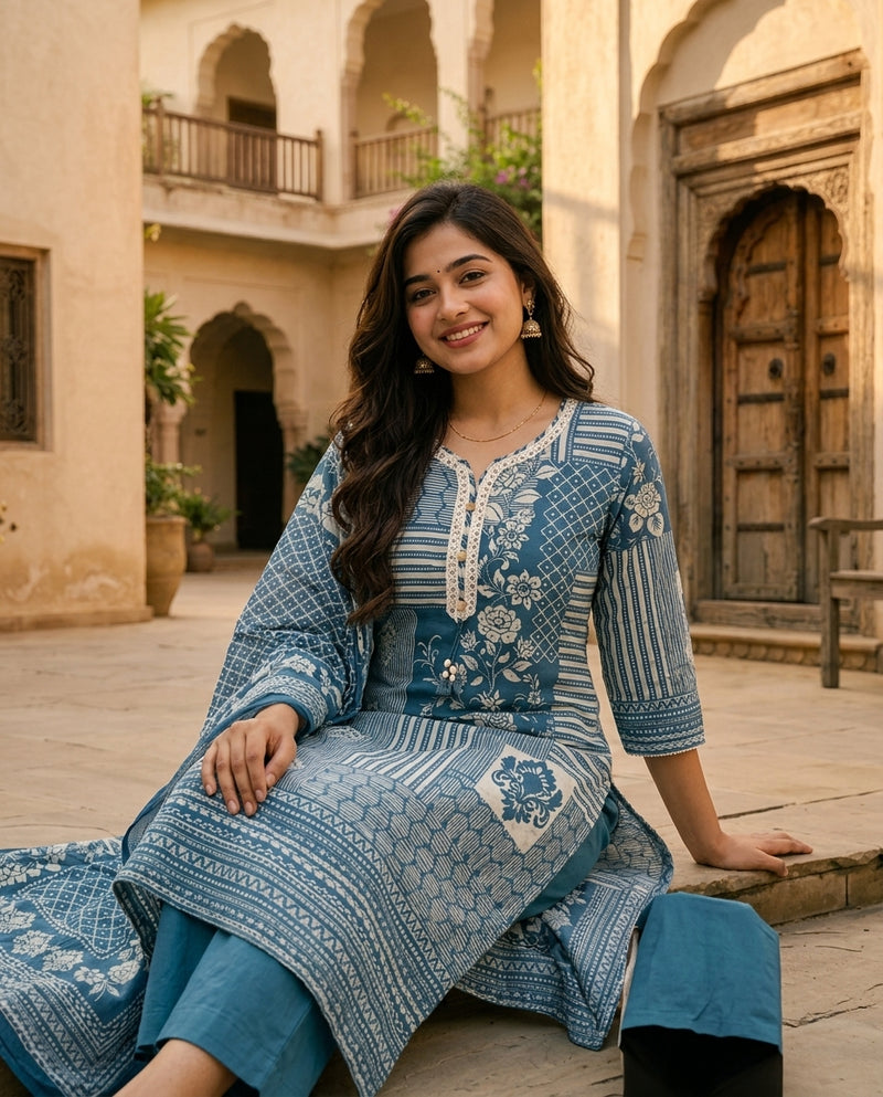 Blue Patchwork Printed Flared Kurta Set with Dupatta