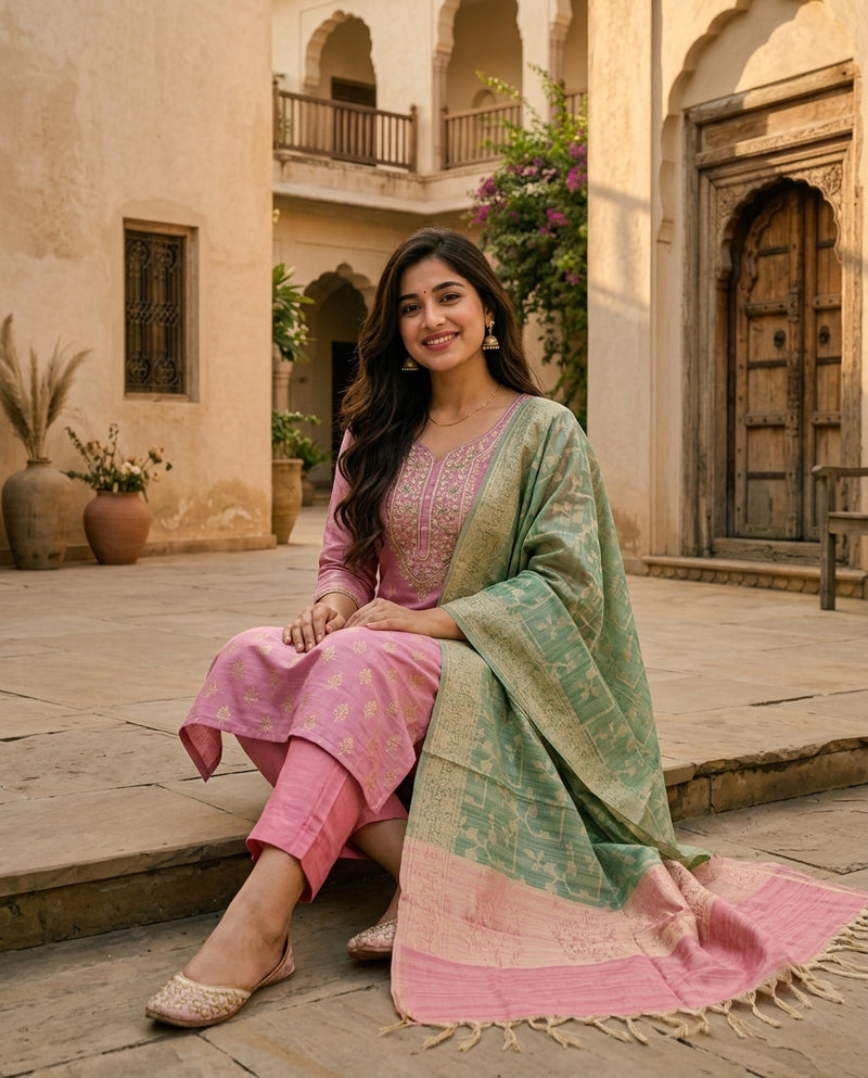 Pink Embroidered Kurta Set with Contrast Dupatta