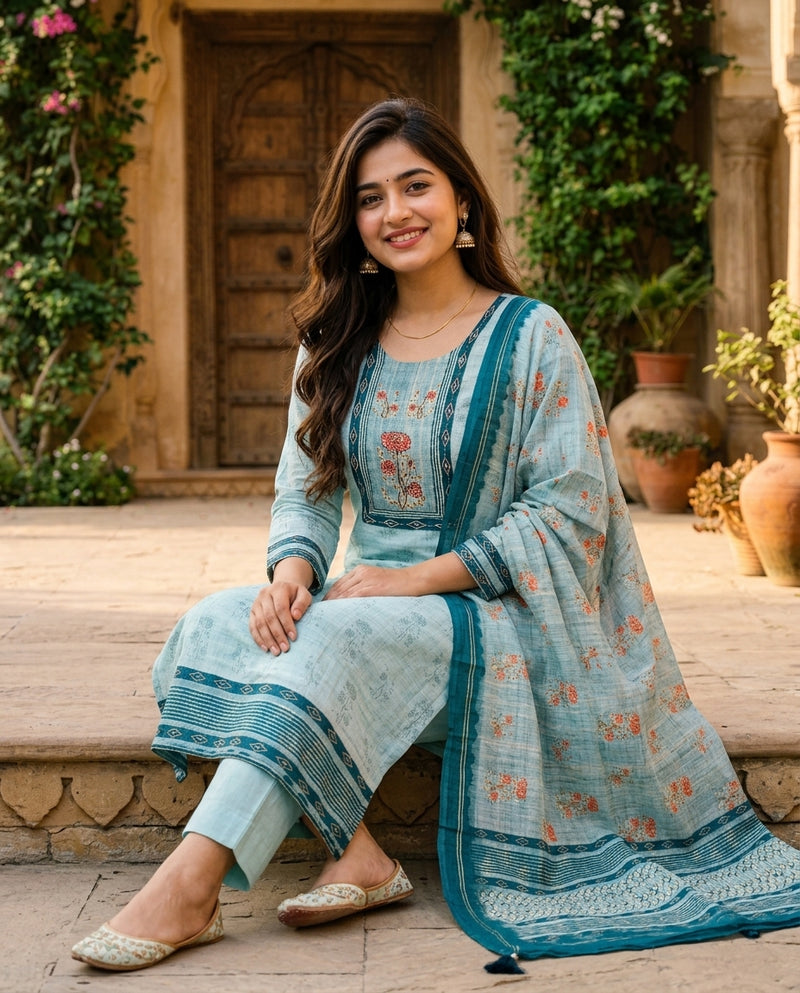 Light Blue Printed Slub Kurta Set with Dupatta