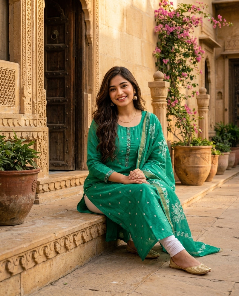 Green Embroidered Kurta Set with Printed Dupatta and Trousers