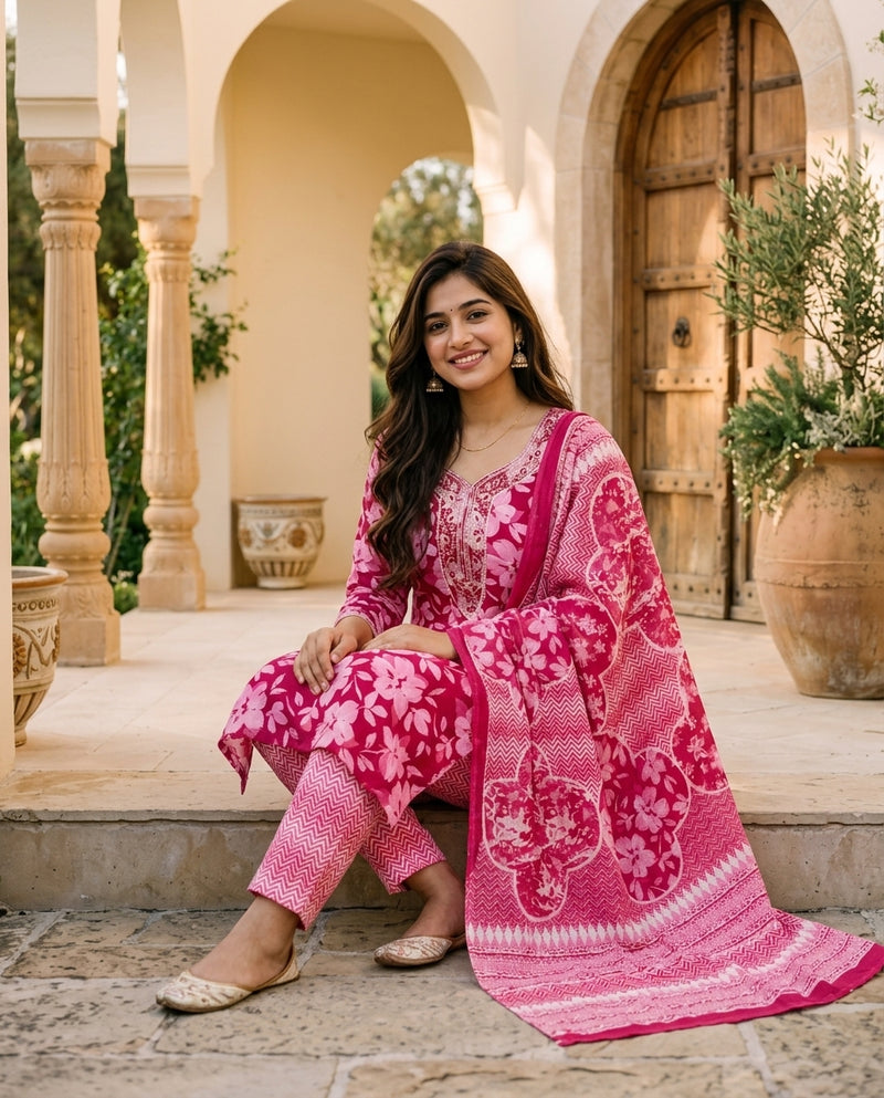 Pink Floral Printed Kurta Set with Sequined Neckline