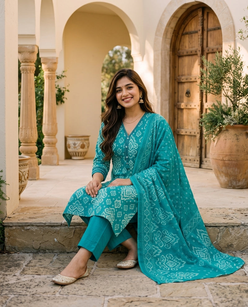 Teal Ikat Print Kurta Set with Dupatta