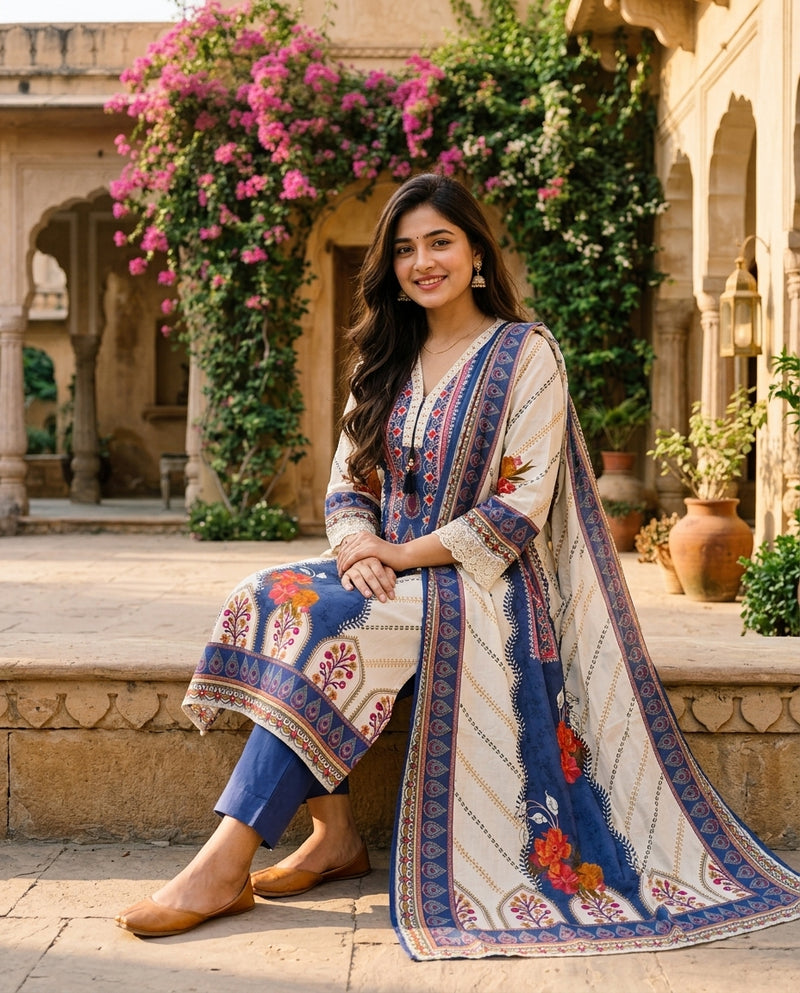 Off-White & Blue Printed Kurta Set with Dupatta