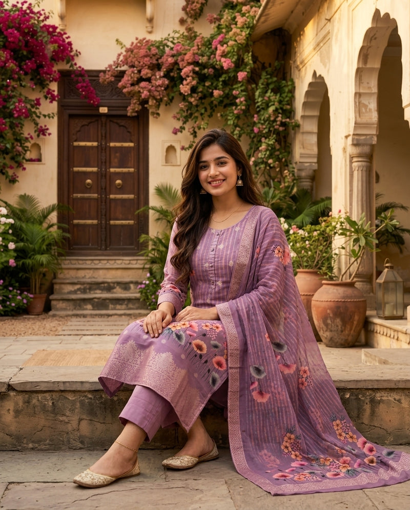 Mauve Printed Kurta Set with Dupatta and Trousers